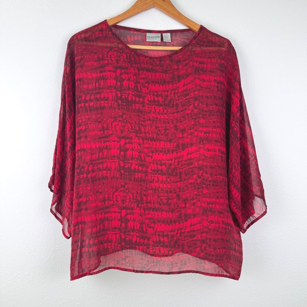 Chico's 100% Silk Blouse Women Size 2 Red Excellent Abstract Sheer Kimono Chic